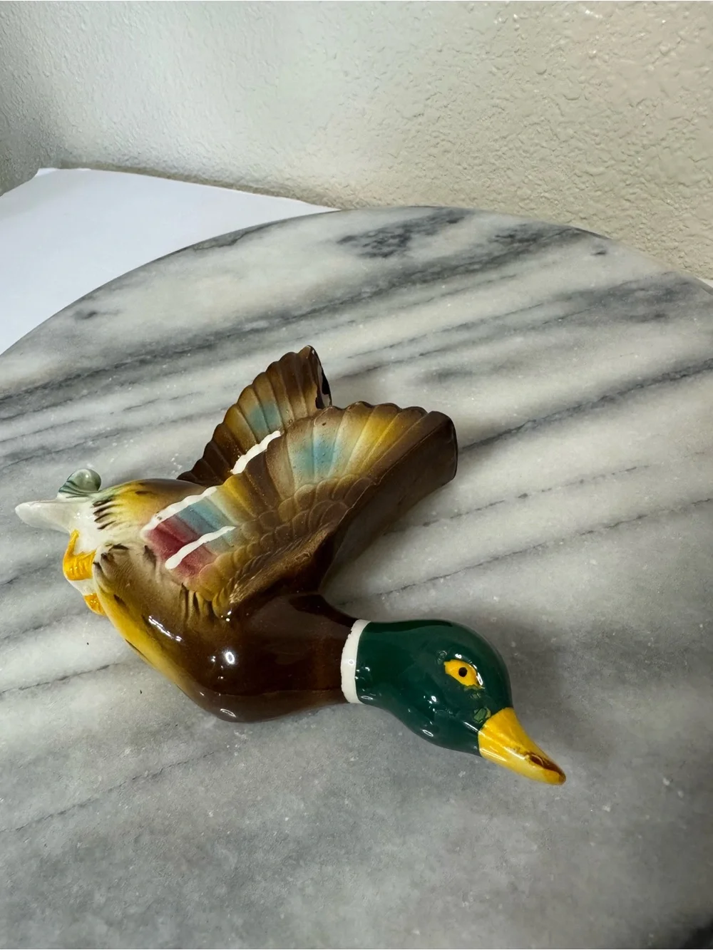 Vintage Hand-Painted Flying Mallard Wall Pocket Decor - Green/Brown